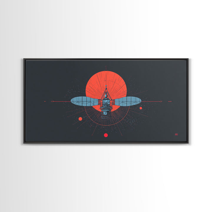 Blueprint Satellite In Crimson Sun Framed Canvas Print, Midcentury Modern Art, Retro Space Wall Decor, Modern Office Poster Gift