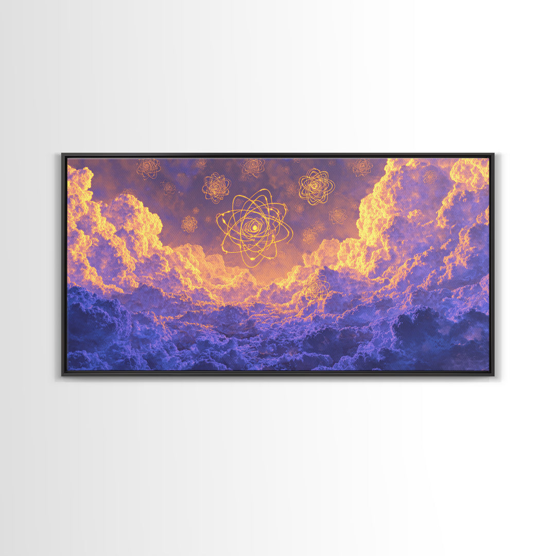 Glowing Atomic Symbols In Purple Clouds Wall Art, Modern Abstract Art Print, Celestial Sky Poster, Colorful Bedroom Decor