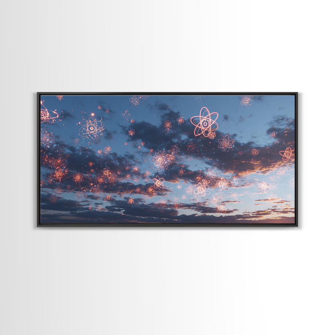 Sparkling Atomic Fireworks Over Dusk Clouds Wall Art, Modern Abstract Art Print, Cosmic Sky Poster, Blue Pink Bedroom Decor
