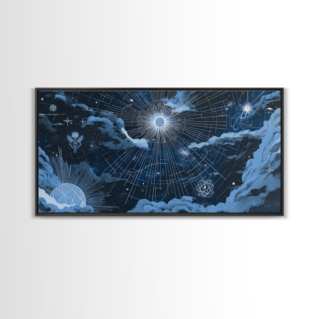 Blue Celestial Grid With Moonlit Clouds Canvas Print, Modern Wall Art, Sci Fi Space Poster, Navy Home Office Decor Gift Print