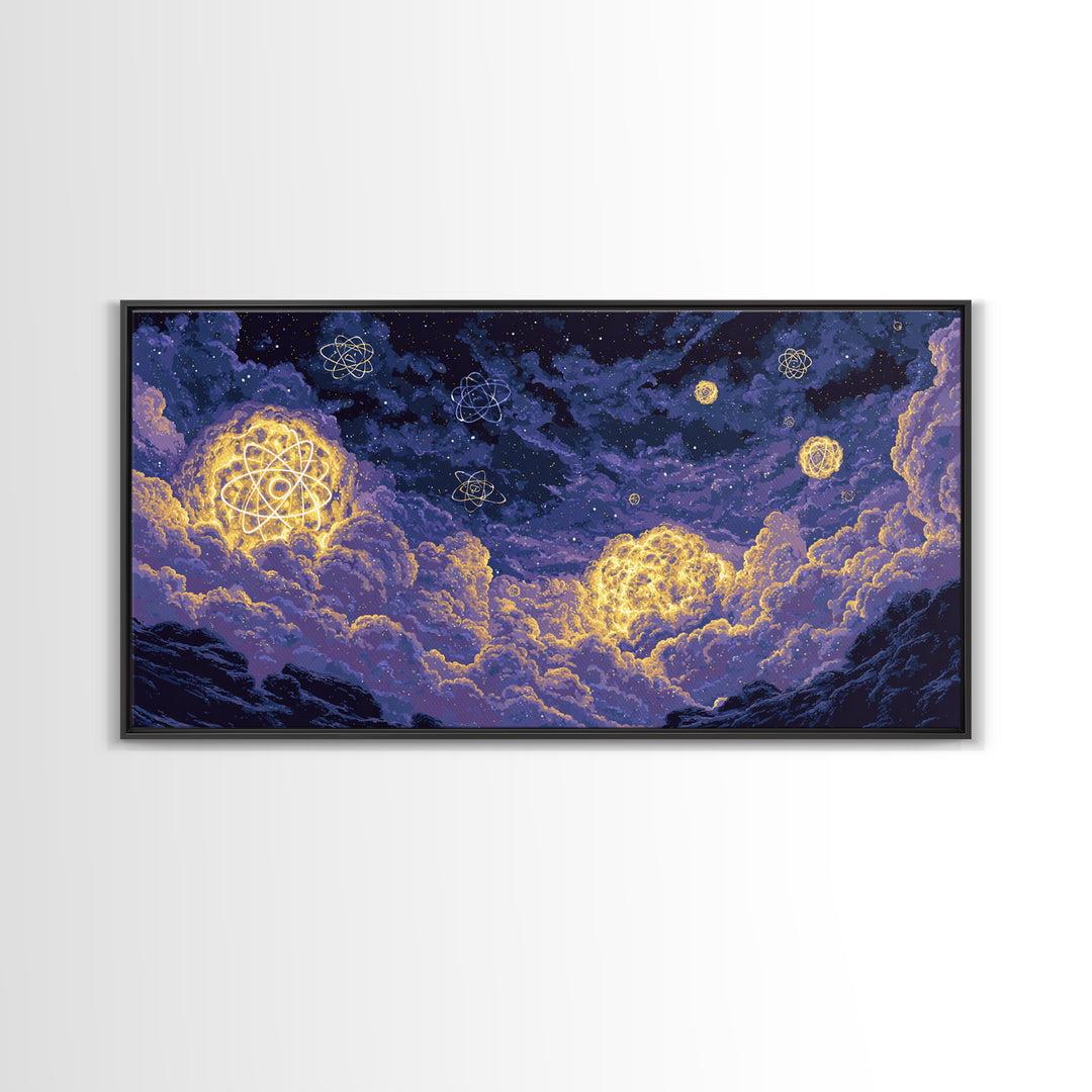 Glowing Atom Clouds In Pixel Night Sky Canvas Print, Modern Abstract Wall Art, Retro Space Poster, Purple Bedroom Decor Gift