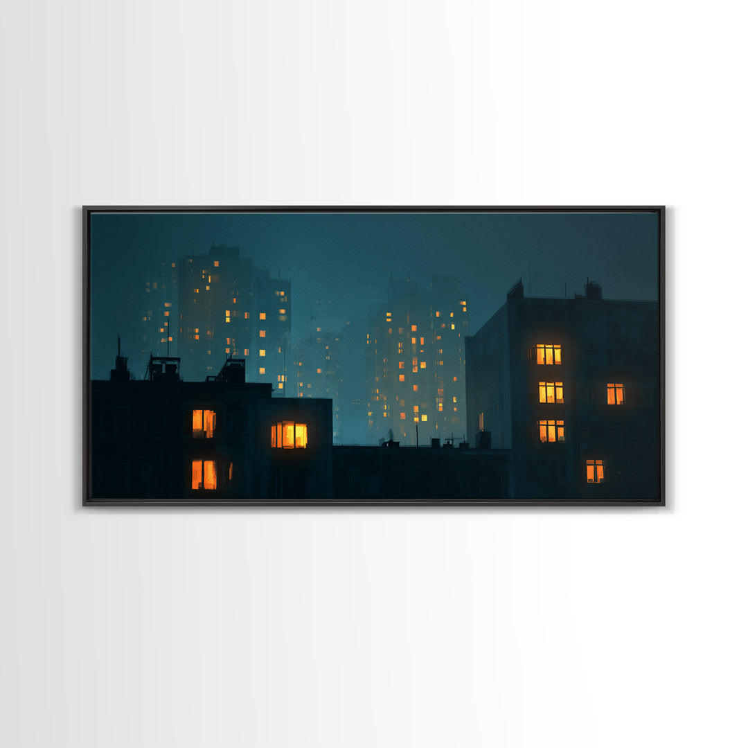 Foggy Teal Apartment Windows Canvas Print, Moody City Nightscape, Modern Wall Art, Urban Bedroom Decor, Home Office Art