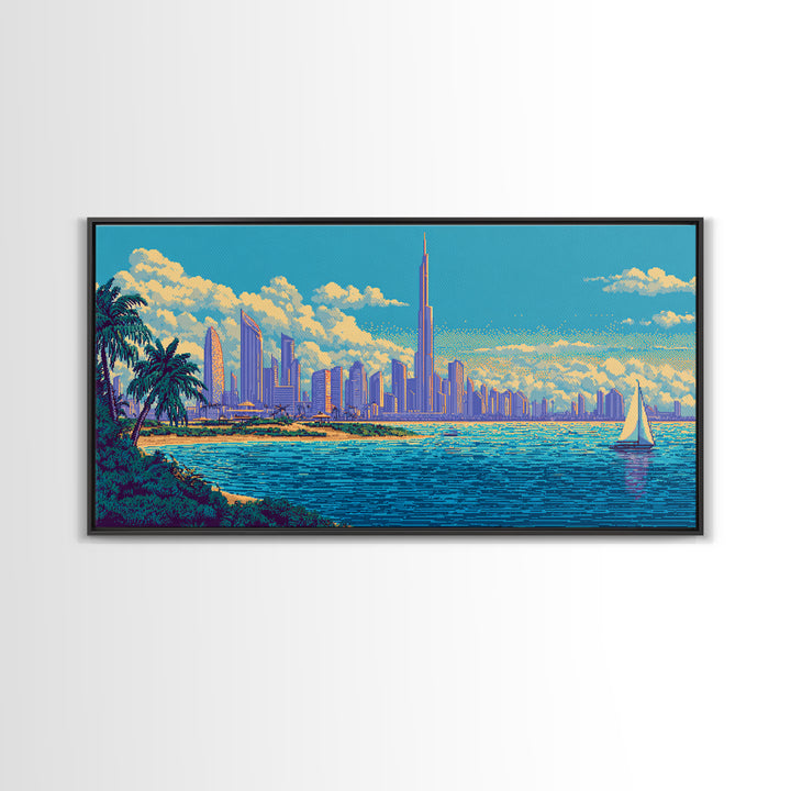 Futuristic Coastal Skyline With Palm Trees Canvas Print, Modern Wall Art, Retro Travel Poster, Tropical Living Room Decor