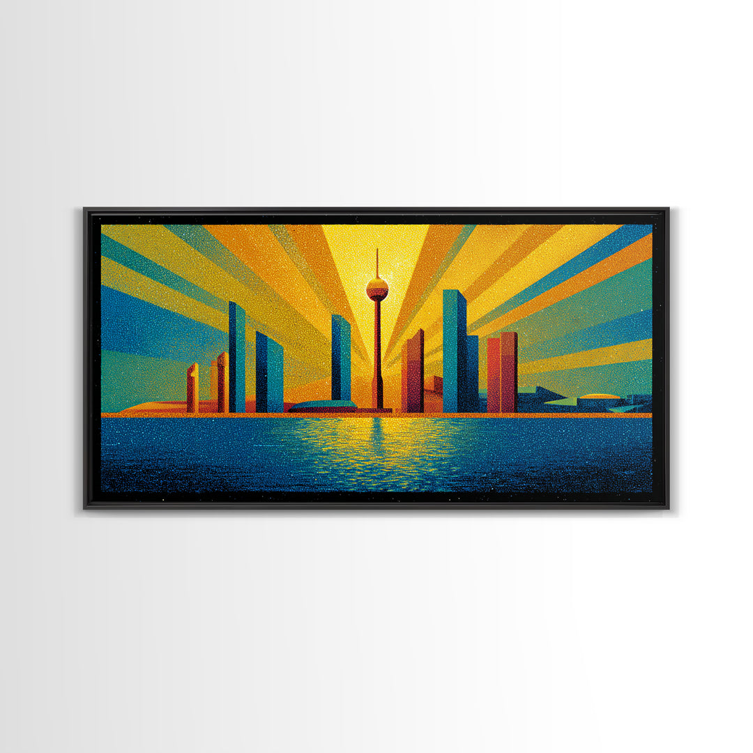 Bold Seattle Skyline Sunrise Wall Art, Mid Century Modern Abstract Cityscape, Space Needle Poster, Retro Geometric Decor