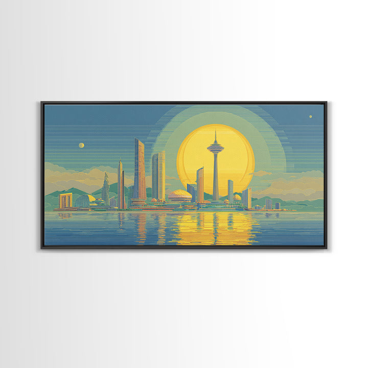 Golden Seattle Skyline At Sunset Framed Canvas Print, Mid Century Modern Wall Art, Futuristic Cityscape Poster, MCM Home Decor