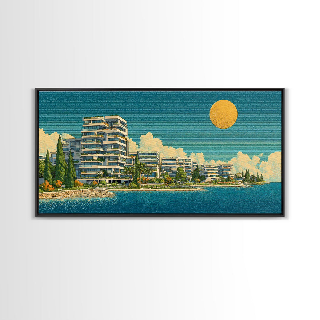 Modern Lakeside Condos With Golden Sun Wall Art, Mid Century Modern Coastal Decor, Mediterranean Lake House Architecture Print