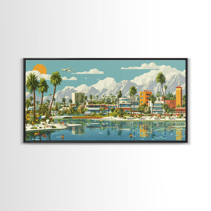 Palm Springs Lagoon With Palms And Mountains Wall Art, Mid Century Modern Desert Travel Poster, Colorful MCM Home Decor Print