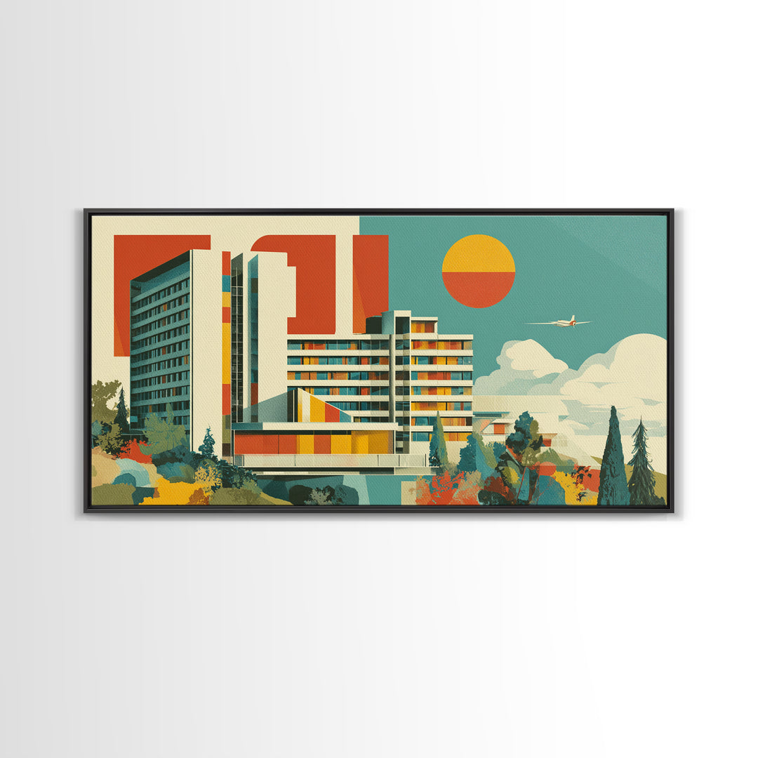 Bauhaus Modernist Hotel Architecture Canvas Print, Mid Century Modern Wall Art, Geometric Orange Sun Poster, MCM Decor Print