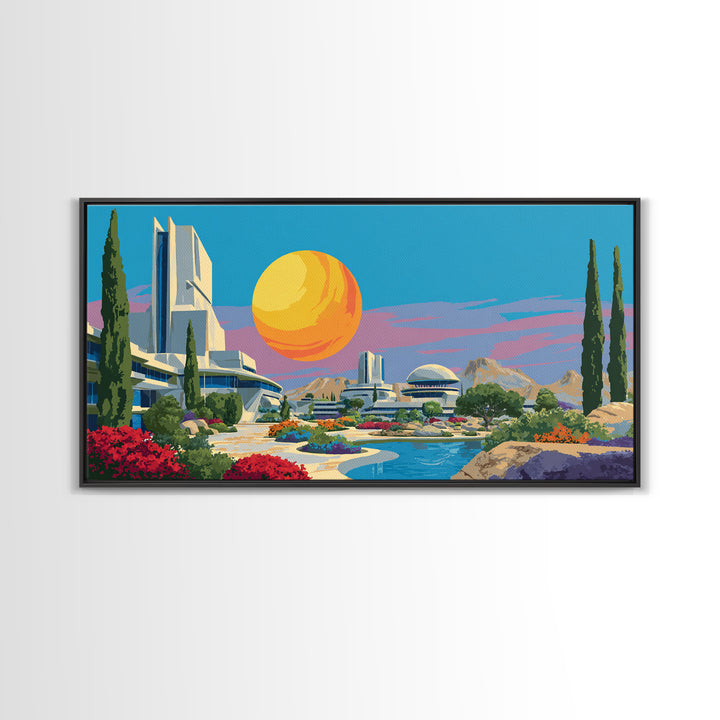 Futuristic Desert Resort With Pool And Giant Sun Wall Art, Mid Century Modern Landscape Poster, Retro Sci Fi Architecture Decor