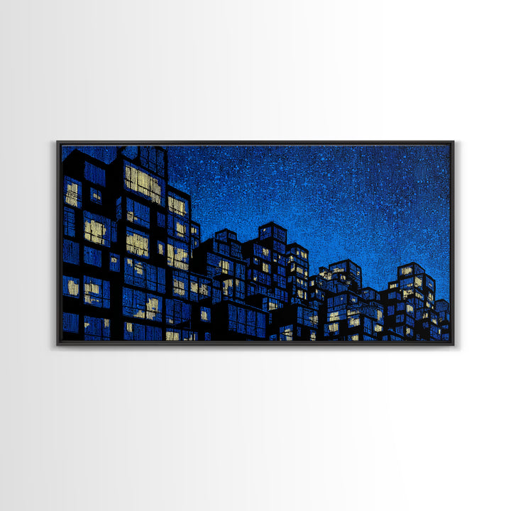 Electric Blue High Rise Wall Art, Geometric City Apartments, Midcentury Modern Decor, Retro Urban Print, Statement Wall Decor