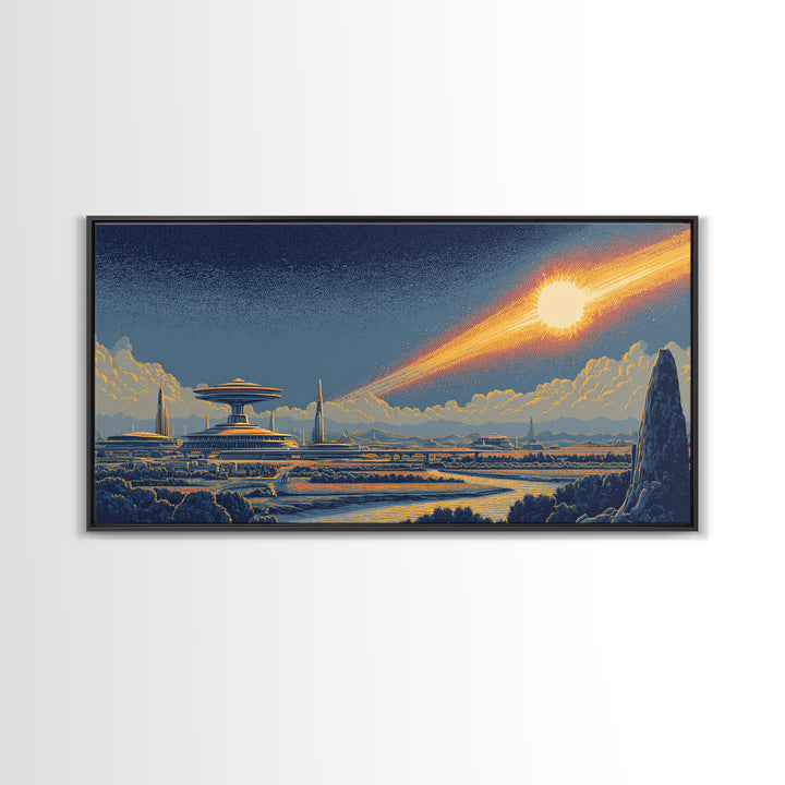 Retro Futuristic City With Meteor And Spaceport Canvas Print, Mid Century Modern Sci Fi Wall Art, Cosmic Skyline Poster Decor