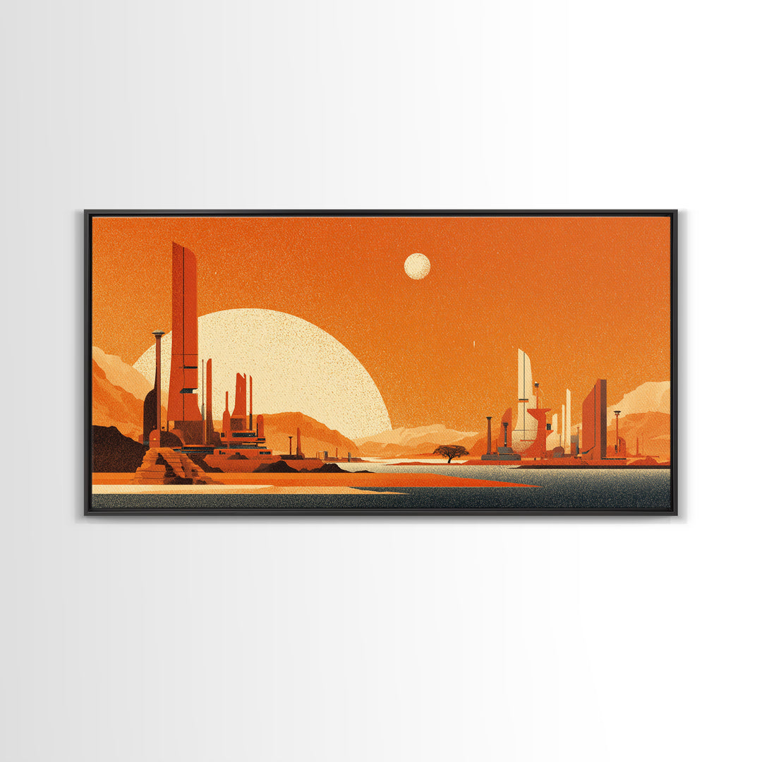 Orange Futuristic Desert City Wall Art, Midcentury Modern Sci Fi Landscape, Retro Space Poster, MCM Living Room Decor, Orange Art Print