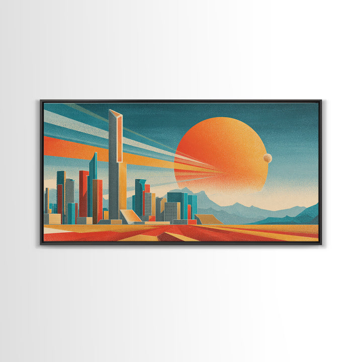 Teal Orange Futuristic Skyline Canvas Print, Midcentury Modern Cityscape, Retro Space Poster, Modern Wall Decor, Large MCM Art