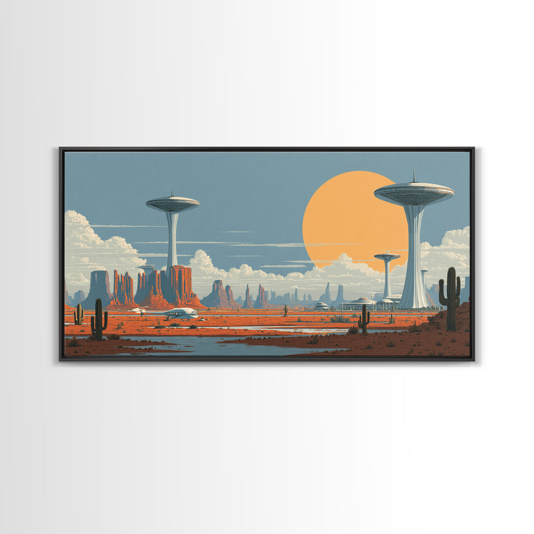 Alien Desert UFO Towers Framed Canvas Print, Midcentury Modern Sci Fi Landscape, Retro Wall Art, Cactus Decor, MCM Poster