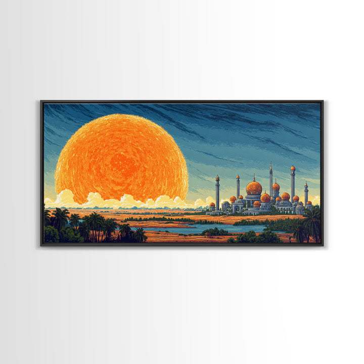 Giant Sun Desert Palace Wall Art, Midcentury Modern Landscape, Islamic Architecture Poster, Orange Blue Living Room Decor