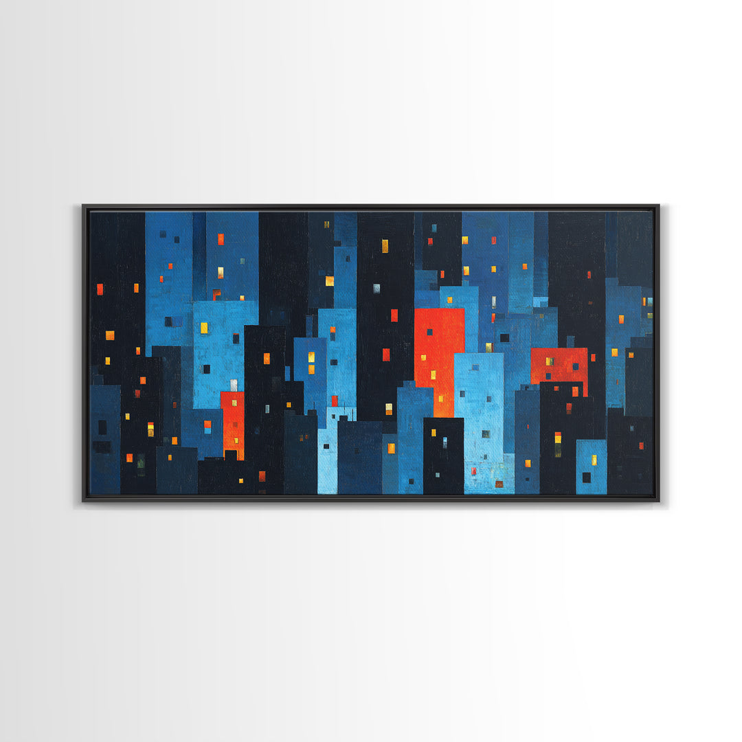 Red And Blue Abstract City Canvas Print, Blocky Urban Skyline, Midcentury Modern Art, Geometric Wall Decor, Home Office Art Print