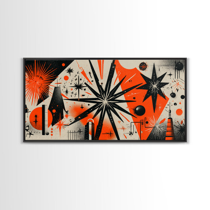 Orange Black Atomic Starburst Wall Art, Midcentury Modern Abstract, Retro 50s Space Age Poster, MCM Geometric Wall Decor