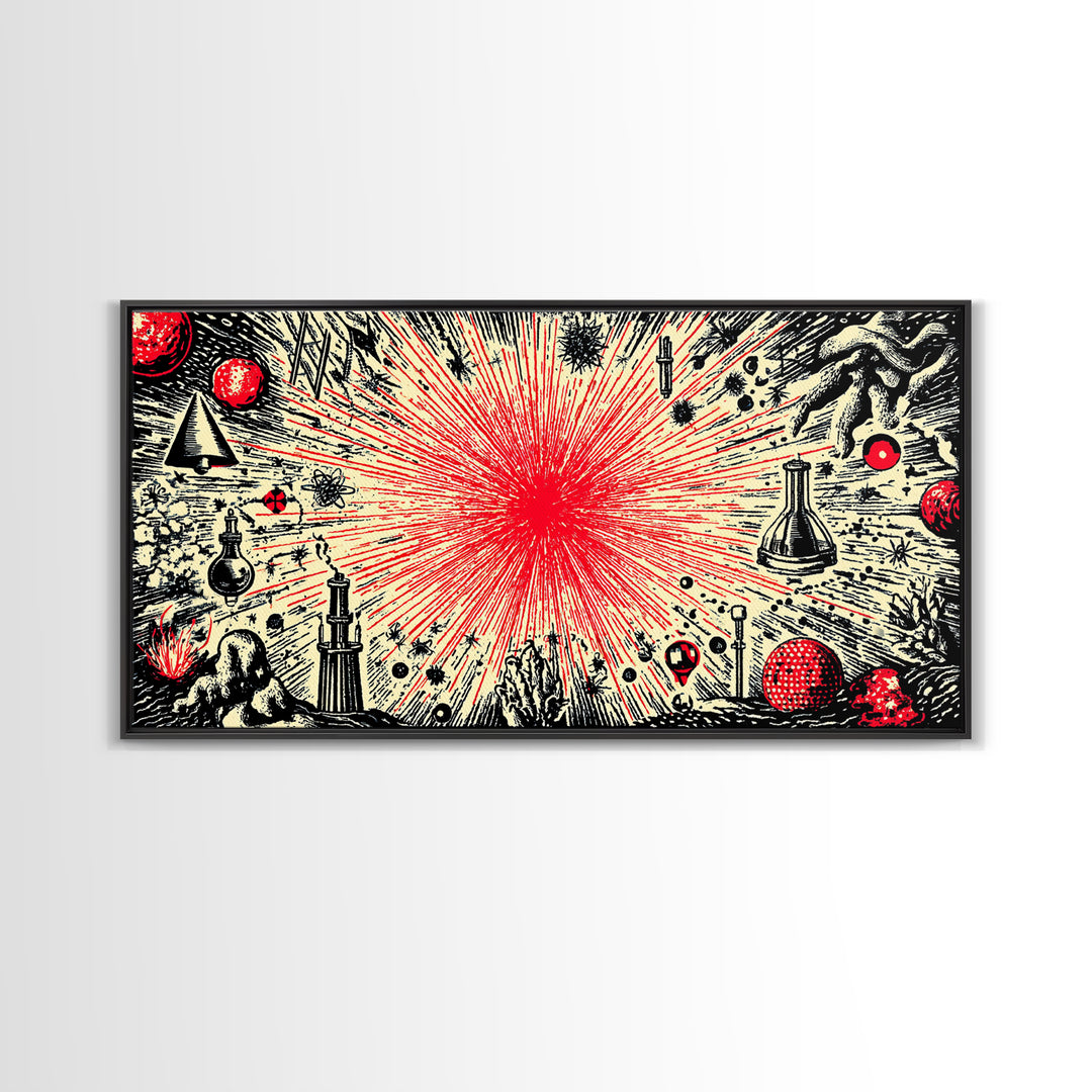 Red Atomic Starburst Science Collage Wall Art, Midcentury Modern Art Print, Retro Space Poster, MCM Wall Decor, Atomic Ranch Home Decor