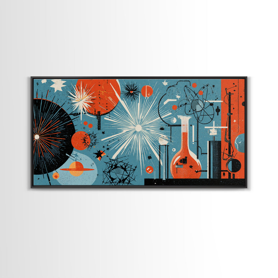 Blue Orange Atomic Laboratory Wall Art, Midcentury Modern Art Print, Retro Science Poster, Geometric MCM Home Decor, Living Room Decor