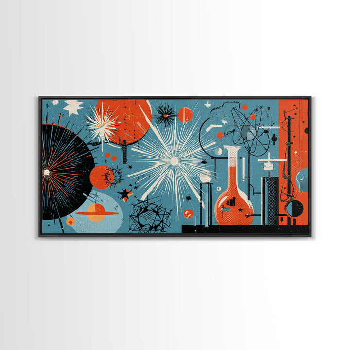 Blue Orange Atomic Laboratory Wall Art, Midcentury Modern Art Print, Retro Science Poster, Geometric MCM Home Decor, Living Room Decor