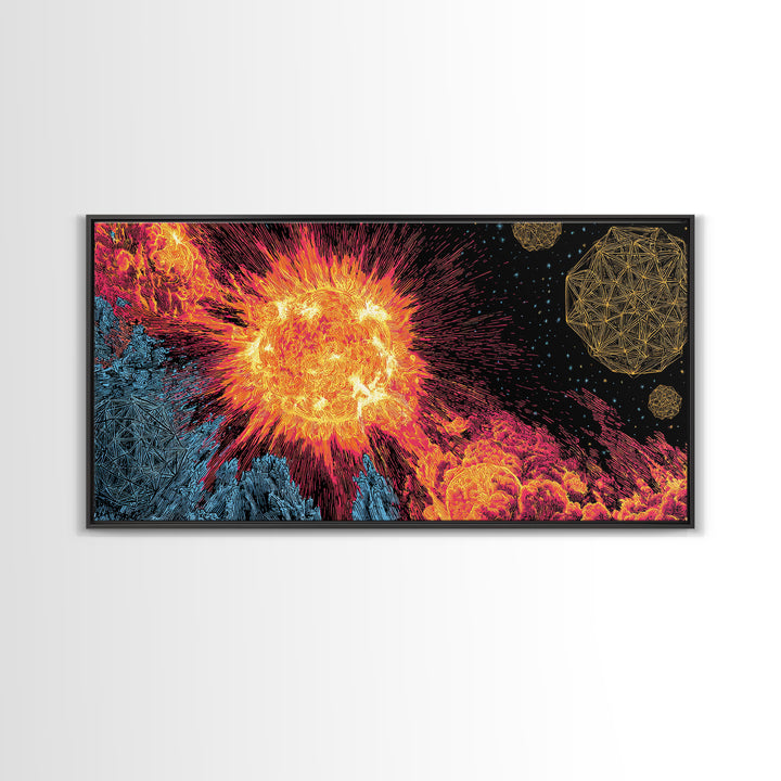 Fiery Solar Flare Sun And Asteroids Canvas Print, Modern Abstract Art, Retro Space Poster, Cosmic Wall Decor, Sci Fi Gift