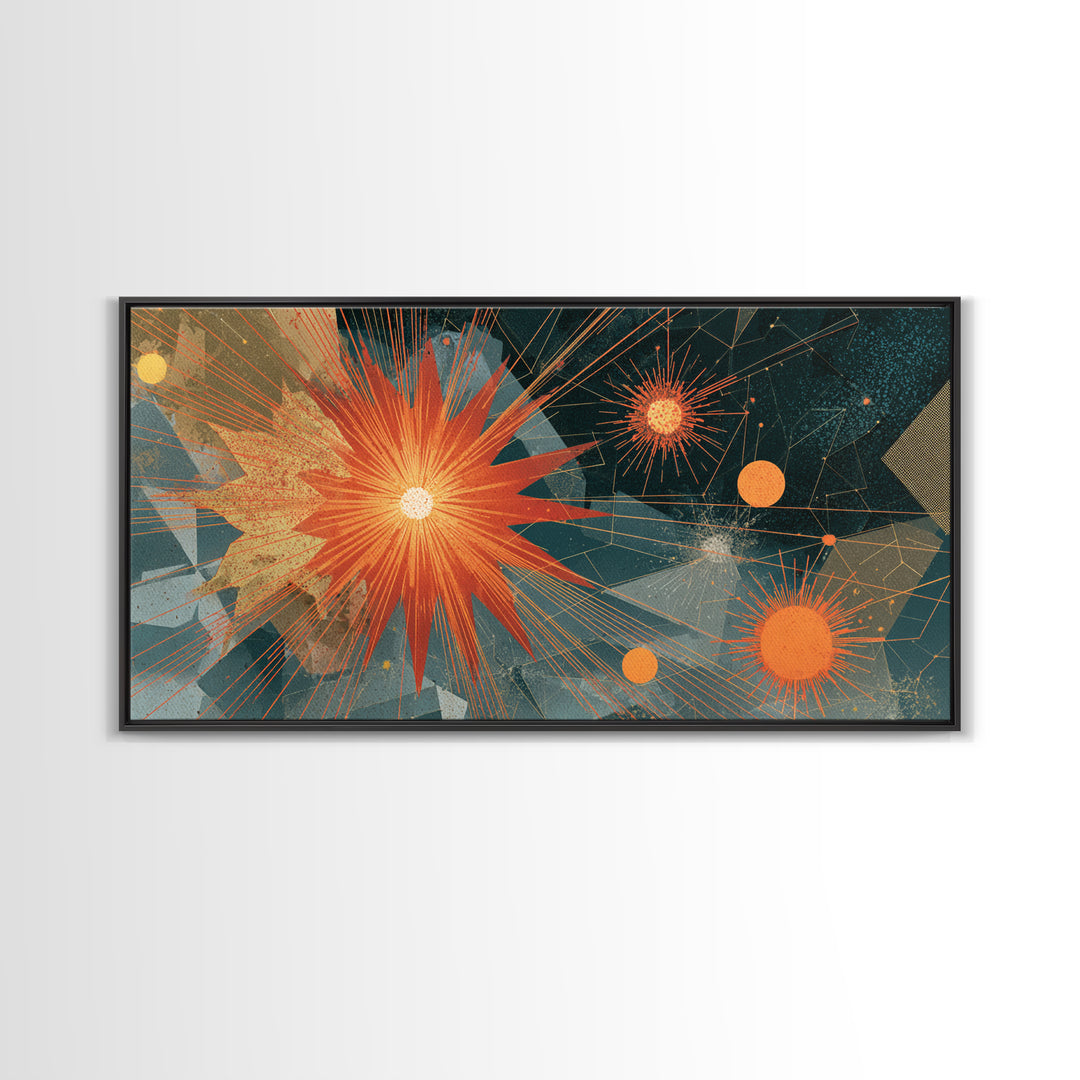 Orange Teal Geometric Starburst Framed Canvas Print, Midcentury Modern Abstract Art, Retro MCM Wall Decor, Home Office Decor