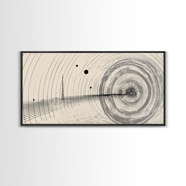 Black Beige Radar Wave Perspective Op Art Wall Art, Minimalist Geometric Art Print, Modern Abstract Poster, Office Home Decor