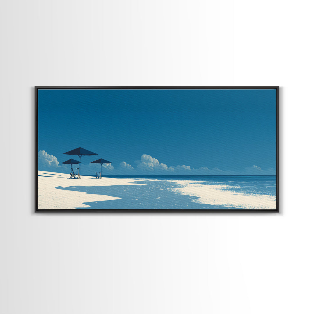Minimal Blue Beach Wall Art, Serene Ocean Umbrella Landscape Print, Coastal Modern Poster, Summer Decor For Bedroom And Office