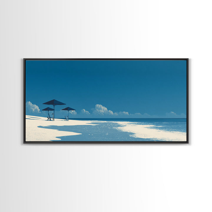 Minimal Blue Beach Wall Art, Serene Ocean Umbrella Landscape Print, Coastal Modern Poster, Summer Decor For Bedroom And Office