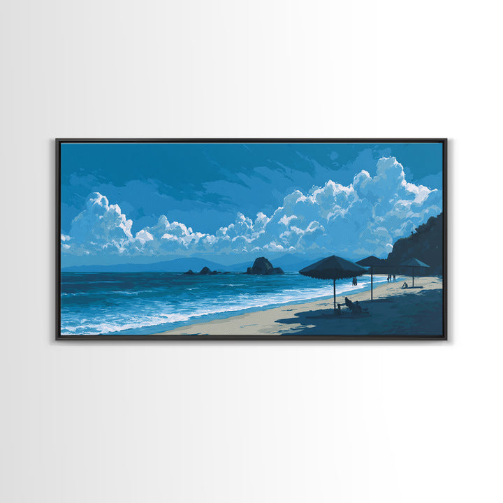 Blue Coastal Cloudscape Canvas Print, Ocean Beach Umbrella Scene, Modern Landscape Wall Art, Tropical Decor For Living Room