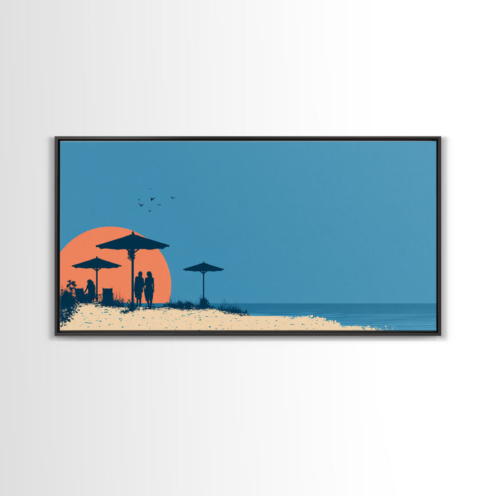 Orange Sunset Beach Wall Art, Silhouette Umbrellas And Couple Print, Retro Coastal Poster, Modern Tropical Decor For Bedroom