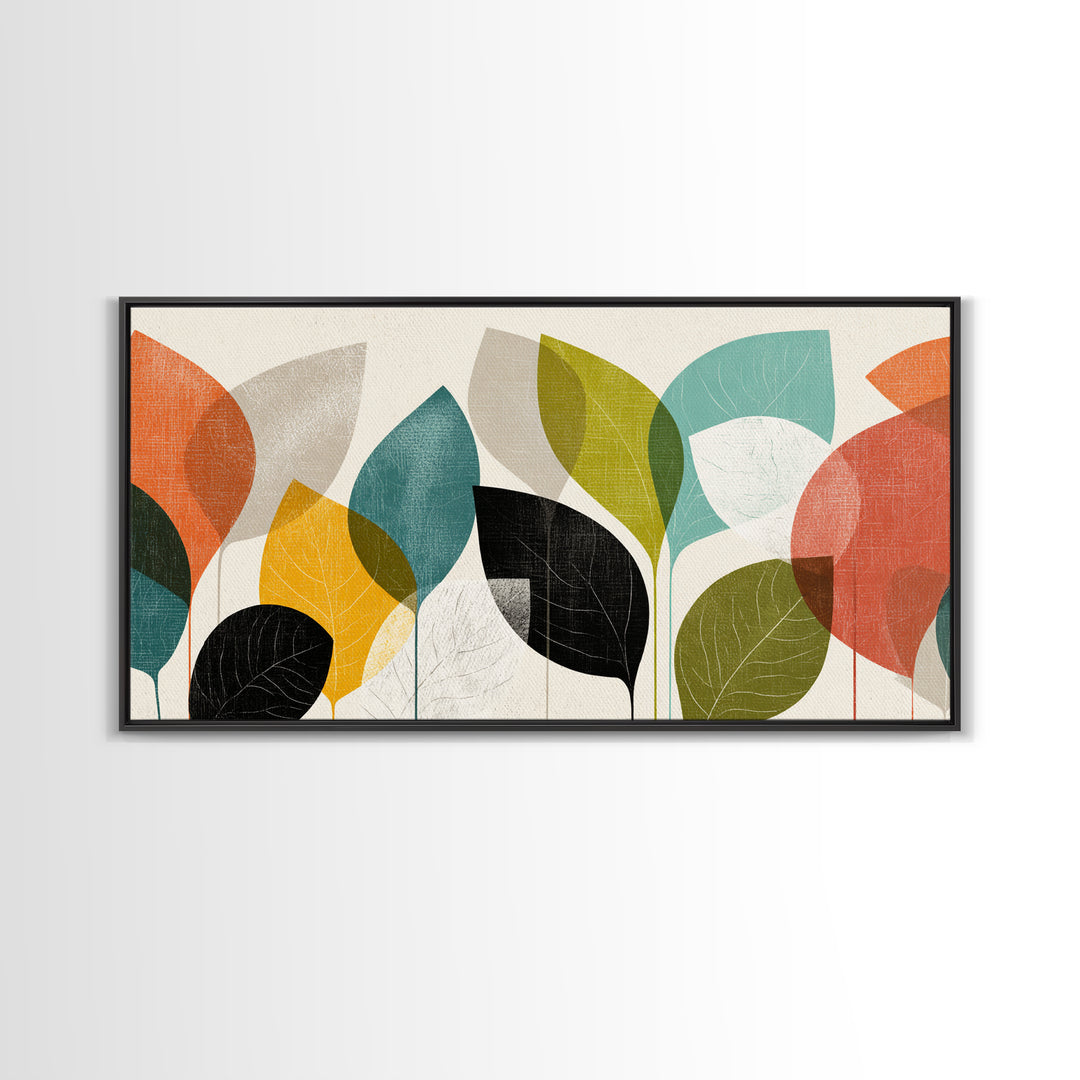 Abstract Overlapping Leaves In Teal Orange Yellow Wall Art, Midcentury Modern Botanical Print, Retro Living Room Decor Gift