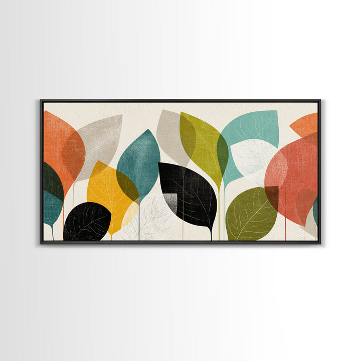 Abstract Overlapping Leaves In Teal Orange Yellow Wall Art, Midcentury Modern Botanical Print, Retro Living Room Decor Gift