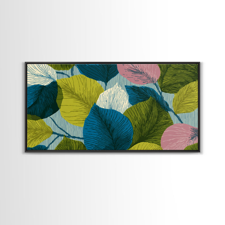 Layered Ginkgo Leaves In Blue Green Pink Canvas Print, Midcentury Modern Botanical Wall Decor, Colorful Living Room Art Print
