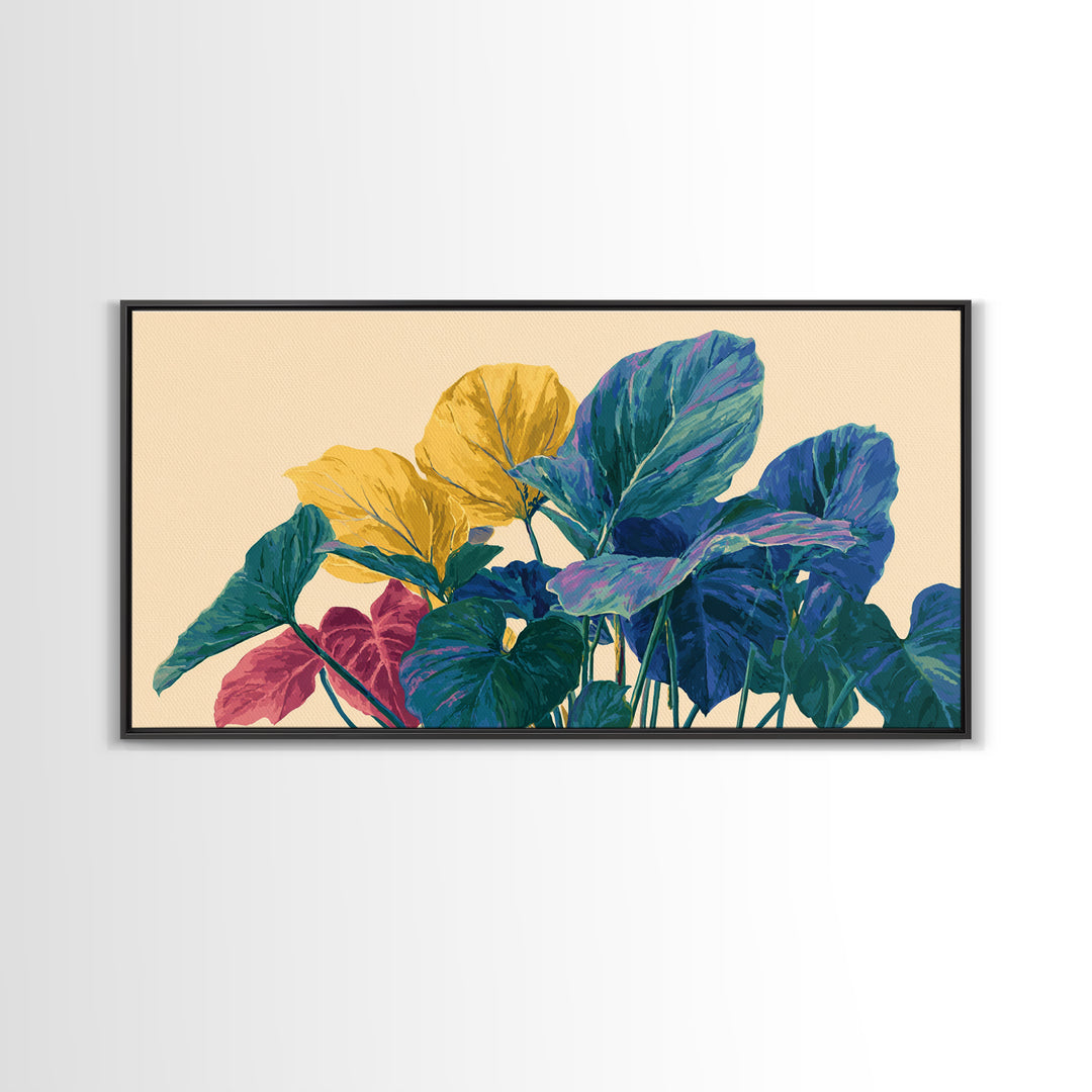 Vibrant Tropical Foliage In Yellow Teal Pink Wall Art, Midcentury Modern Botanical Print, Colorful Boho Living Room Decor