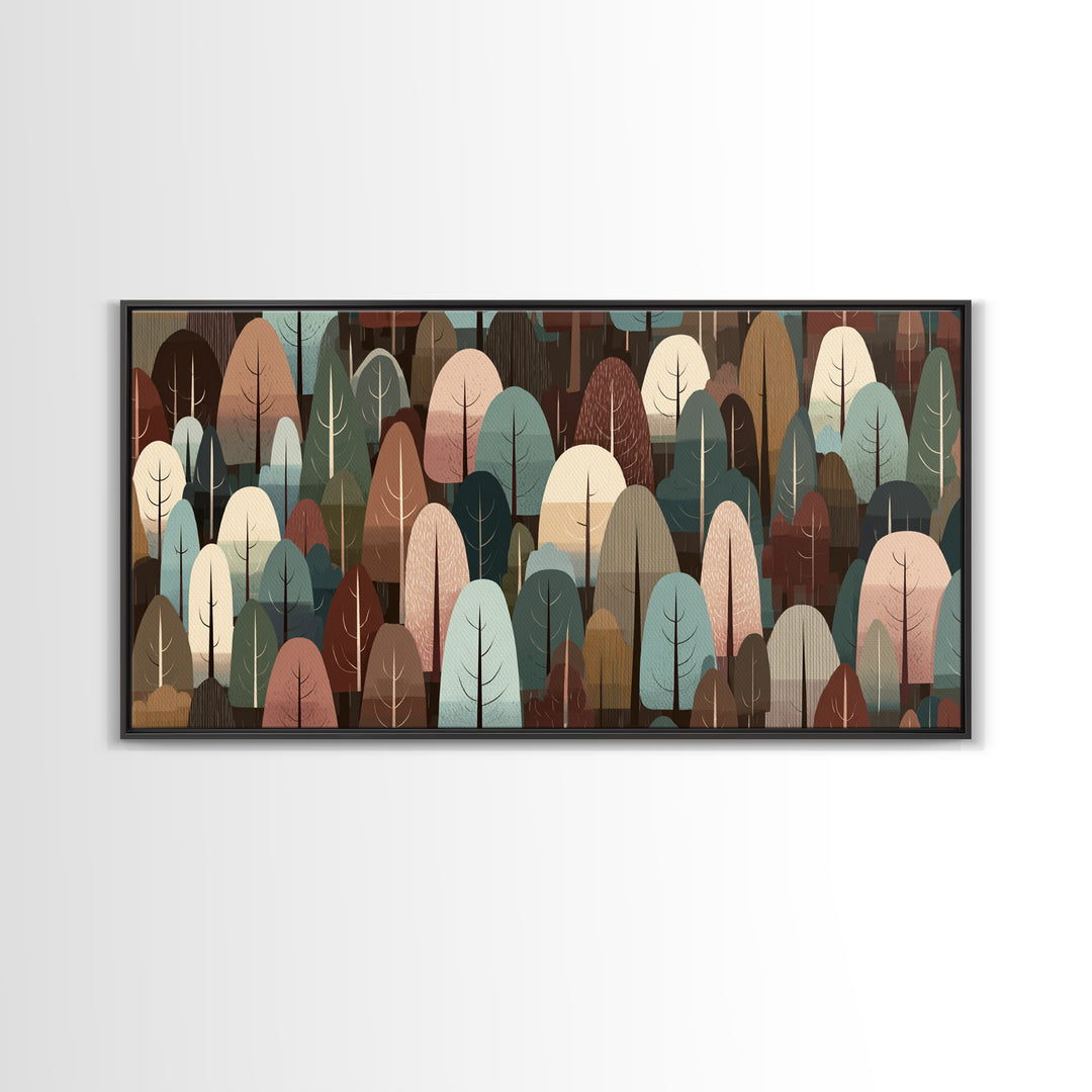 Muted Abstract Forest Of Rounded Trees Framed Canvas Print, Midcentury Modern Wall Art, Earth Tone Woodland Living Room Decor