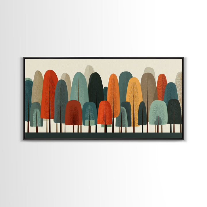 Minimal Rounded Tree Grove In Orange Teal Mustard Wall Art, Midcentury Modern Forest Print, Retro Nursery Or Office Decor