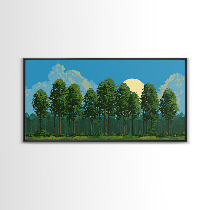 Sunlit Green Forest Landscape With Moonrise Canvas Print, Nature Wall Art, Retro Scenic Living Room And Cabin Decor Gift