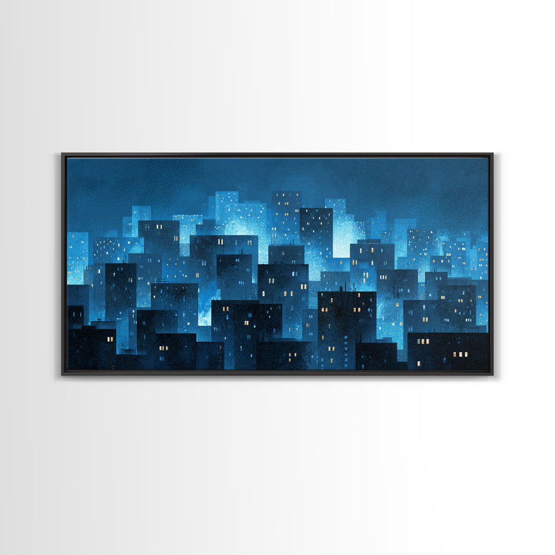 Misty Blue Urban Skyline Framed Canvas Print, Snowy City Lights, Modern Wall Art, Large Abstract Decor, Office Wall Art Print