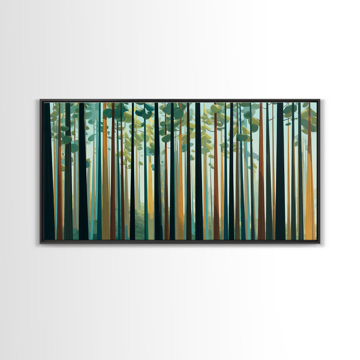 Tall Pine Forest With Sunbeams In Teal Gold Wall Art, Modern Nature Landscape Print, Scandinavian Cabin And Office Decor
