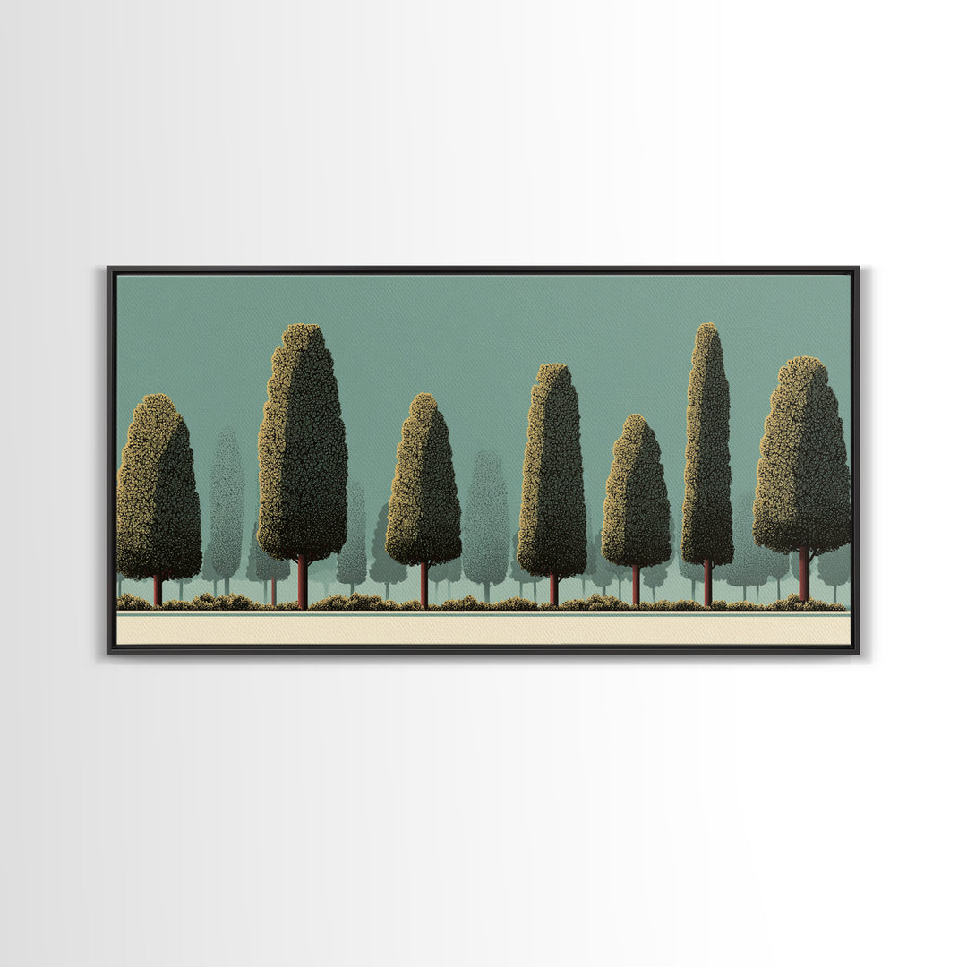 Stylized Cypress Tree Grove Wall Art, Midcentury Modern Landscape Print, Sage Green Retro Decor, Nature Living Room Art Print