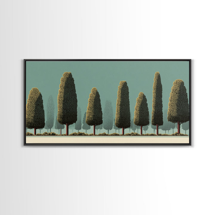 Stylized Cypress Tree Grove Wall Art, Midcentury Modern Landscape Print, Sage Green Retro Decor, Nature Living Room Art Print
