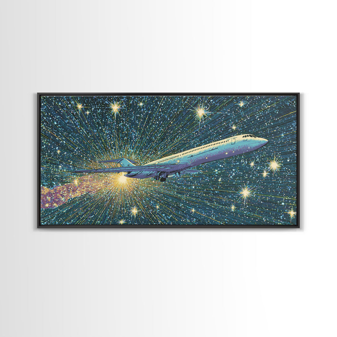 Supersonic Jet In Starry Warp Speed Sky Wall Art, Retro Sci Fi Poster, Mid Century Modern Decor, Space Travel Print, Home Office Decor