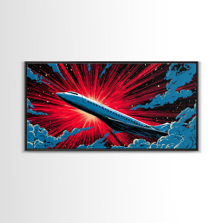 Blue Supersonic Jet With Red Starburst Canvas Print, Retro Sci Fi Poster, Mid Century Modern Wall Decor, Aviation Art Print
