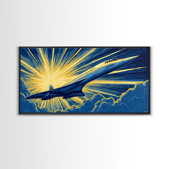 Golden Supersonic Jet Above Clouds Framed Canvas Print, Retro Sci Fi Poster, Mid Century Modern Wall Art, Aviation Decor