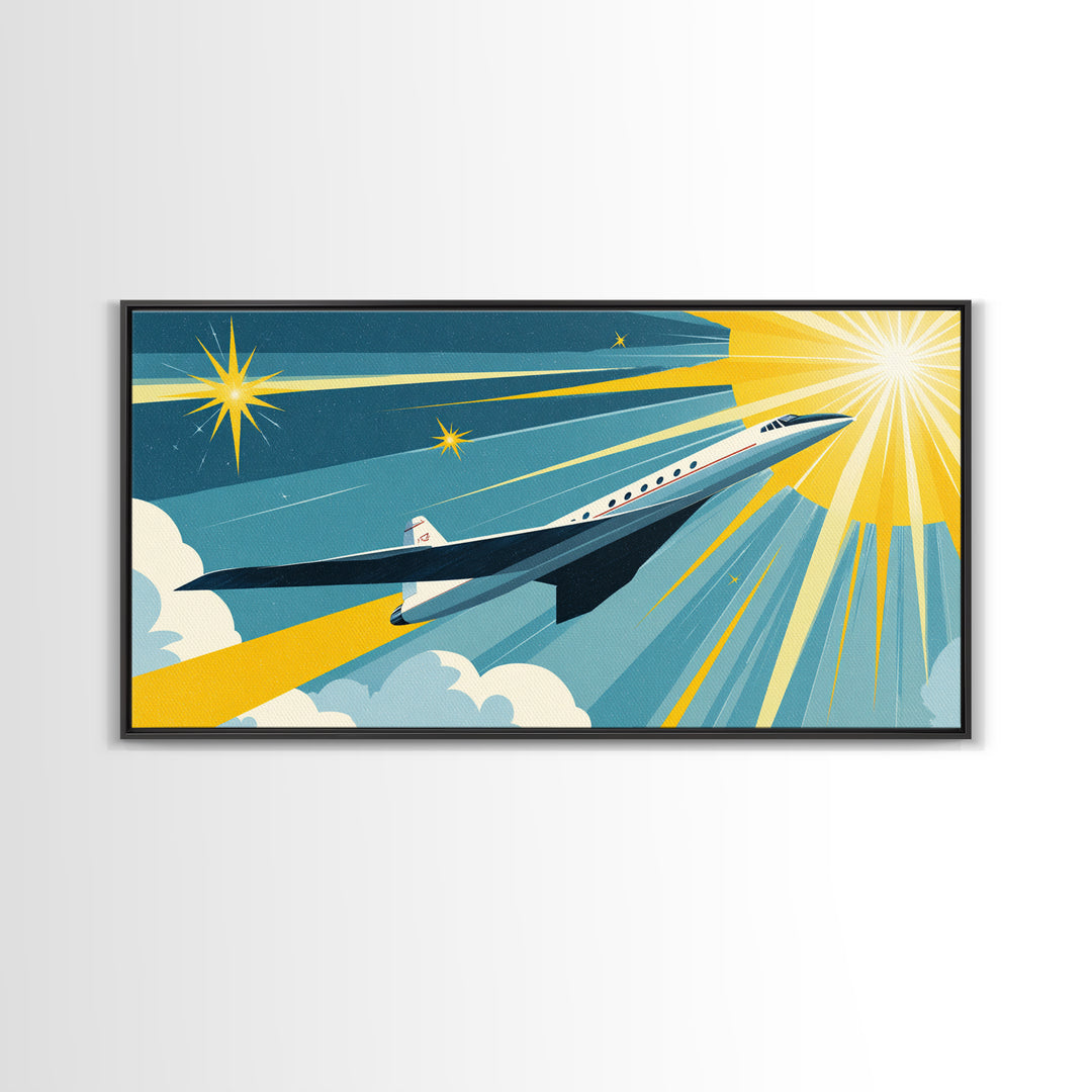 White Supersonic Jet In Sunlit Sky Canvas Print, Mid Century Modern Wall Art, Retro Travel Poster, Space Age Home Decor Print