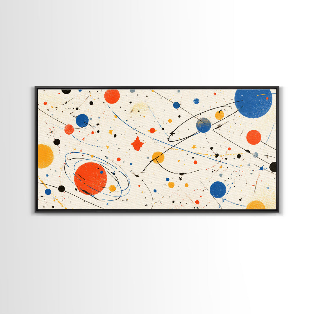 Playful Orbiting Planets And Stars Canvas Print, Atomic Mid Century Modern Wall Art, Retro Space Poster, Kids Room Decor