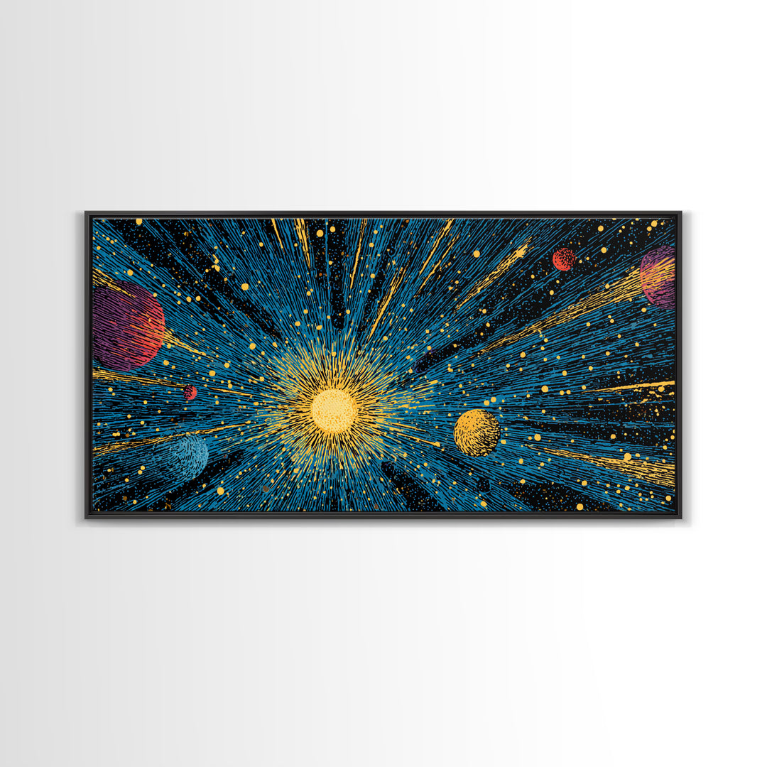 Radiant Sun And Planets In Deep Space Wall Art, Cosmic Retro Sci Fi Poster, Mid Century Modern Decor, Galaxy Print, Home Decor