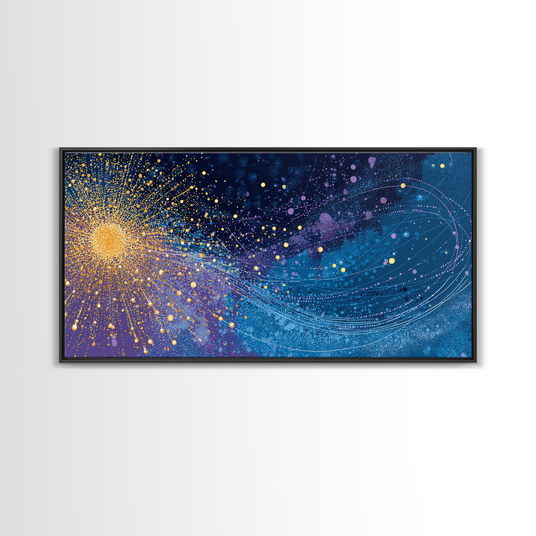 Golden Starburst Space Wave Canvas Print, Colorful Abstract Wall Art, Modern Galaxy Poster, Sci Fi Office And Living Room Decor