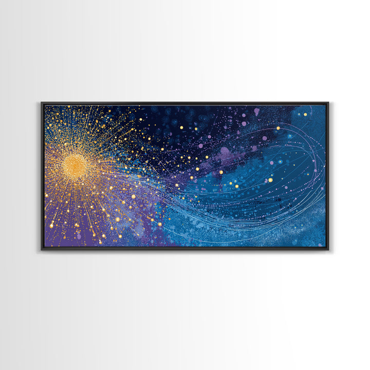 Golden Starburst Space Wave Canvas Print, Colorful Abstract Wall Art, Modern Galaxy Poster, Sci Fi Office And Living Room Decor